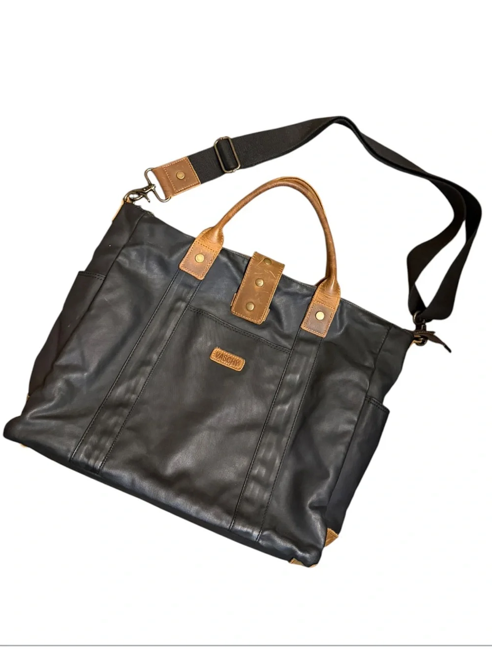 VASCHY Waxed Canvas Leather High Capacity Laptop Crossbody Bag Black Brown Tote